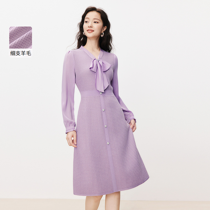 珂莱蒂尔法式长裙显瘦气质长袖春季羊毛收腰修身连衣裙KF11856R5
