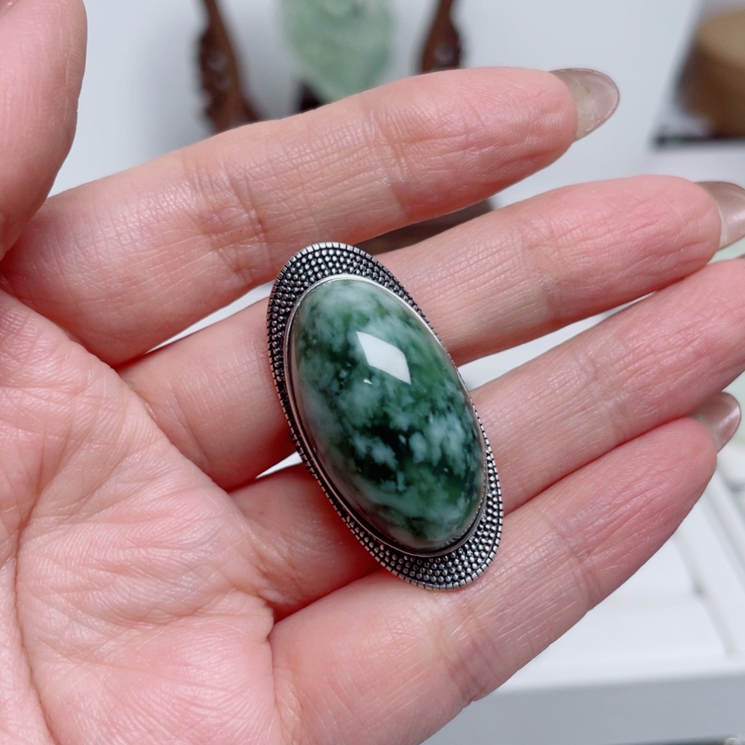 善***福透闪石-蛇纹石玉银S925镶嵌戒指