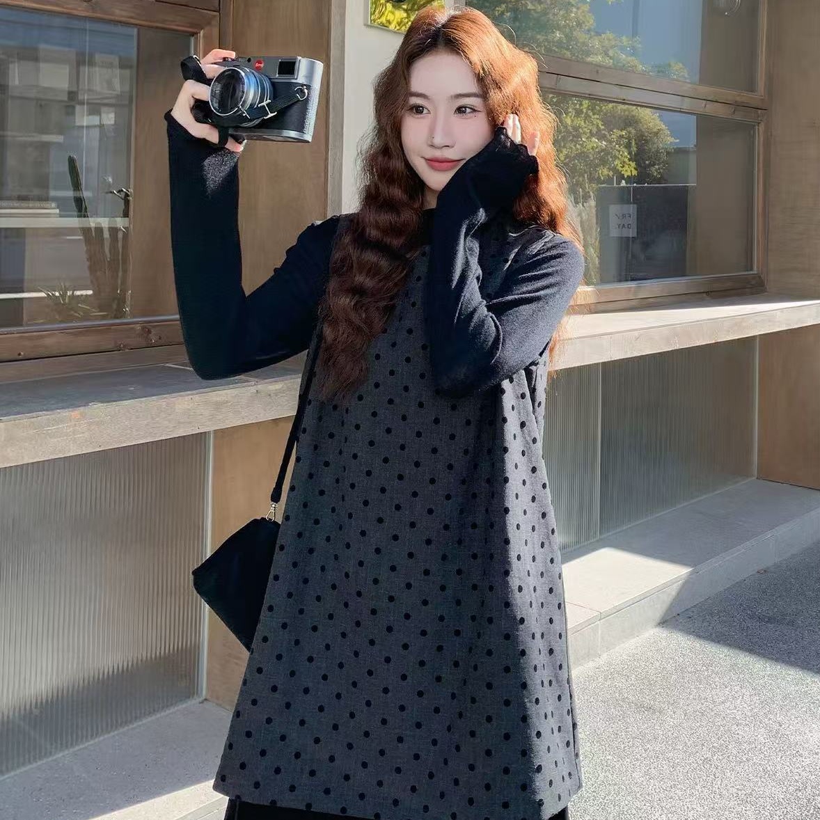 新款大码2571秋冬波点上衣连衣裙套装两件套叠穿简约轻奢
