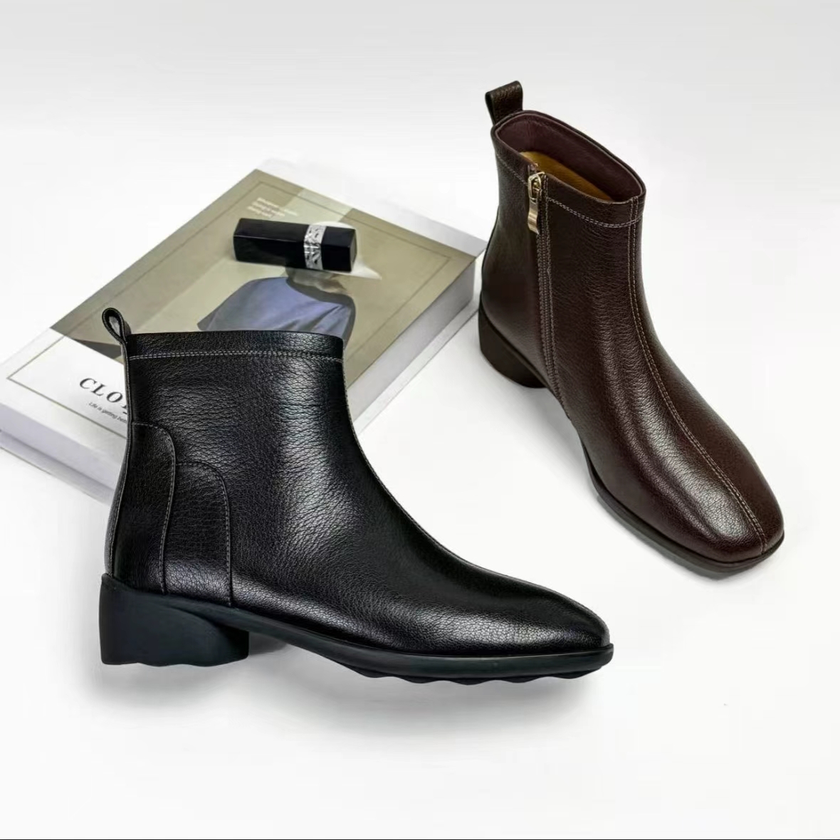 法式短靴女低跟加绒秋冬时尚方头舒适软底粗跟