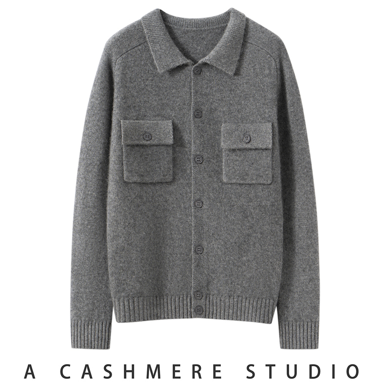男士100%纯山羊绒开衫Polo领加厚毛衣休闲双兜针织开衫外套