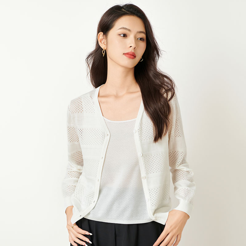 宝迪莱丝2025春秋莱赛尔天丝针织衫女长袖单排扣开衫时尚镂空外披