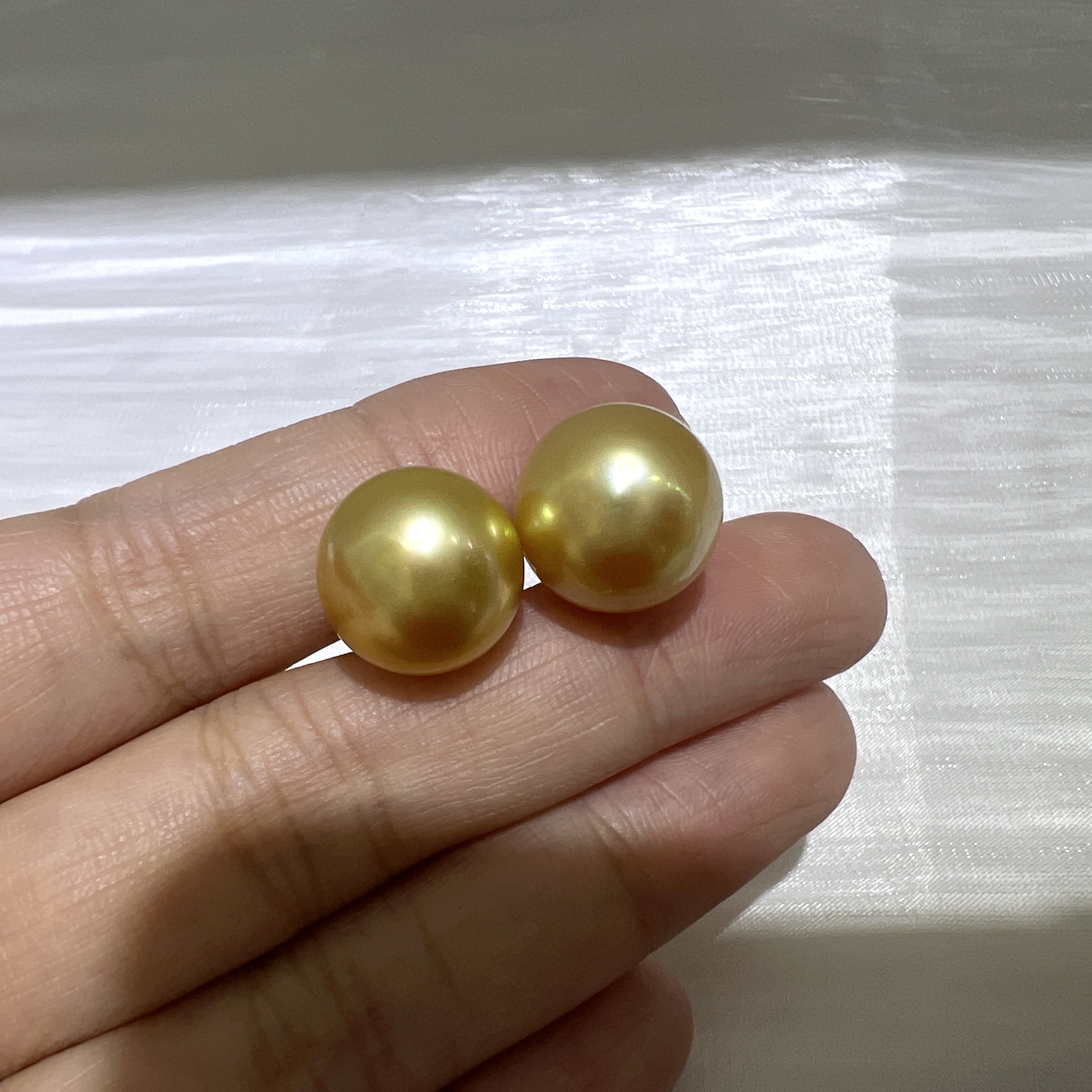【短发七七】18k 海水南洋金珍珠耳钉  非正圆13-14mm