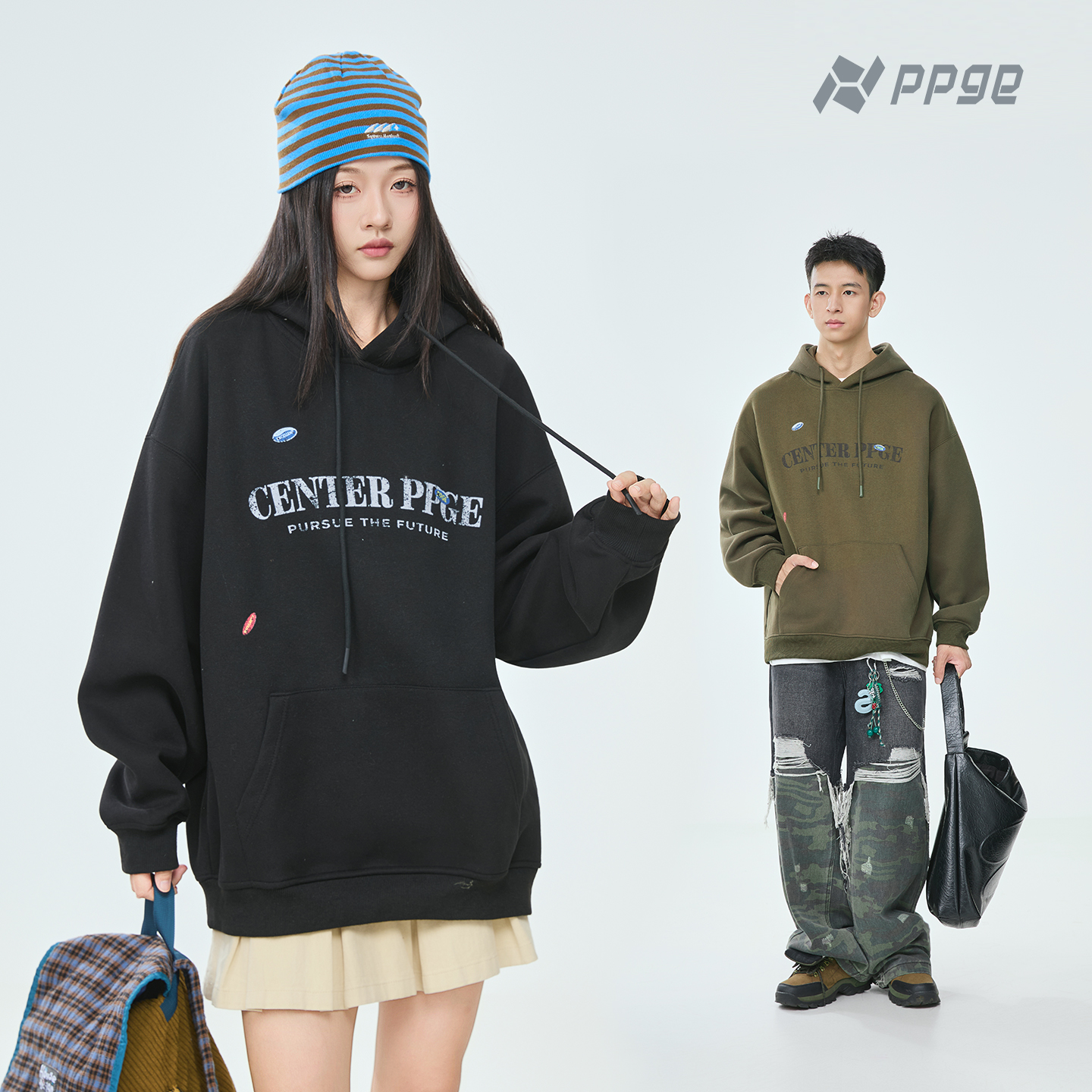 【美式潮牌+重工刺绣+男女同款】ppge春秋连帽拉链开衫卫衣休闲外套