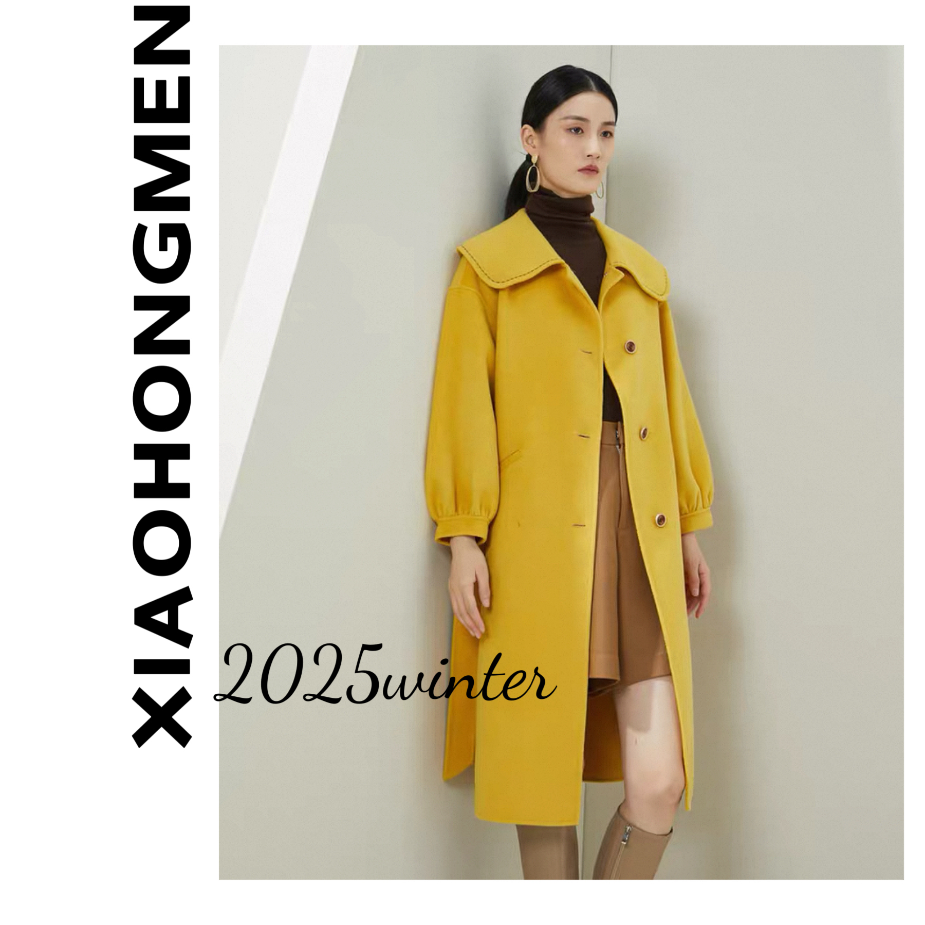 B053  2025冬季新款大翻领气质减龄腰带长款羊毛大衣