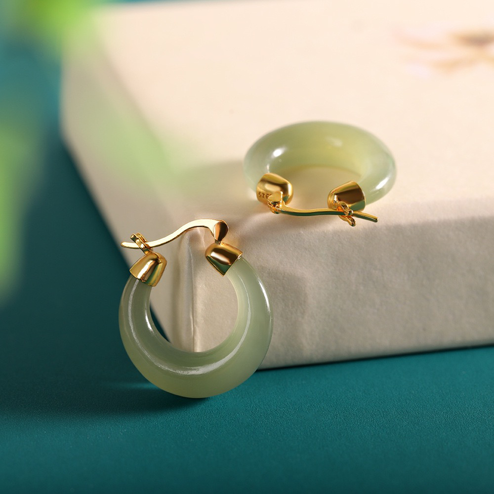 S925银和田玉冰晴水耳扣气质国风耳饰防过敏811299