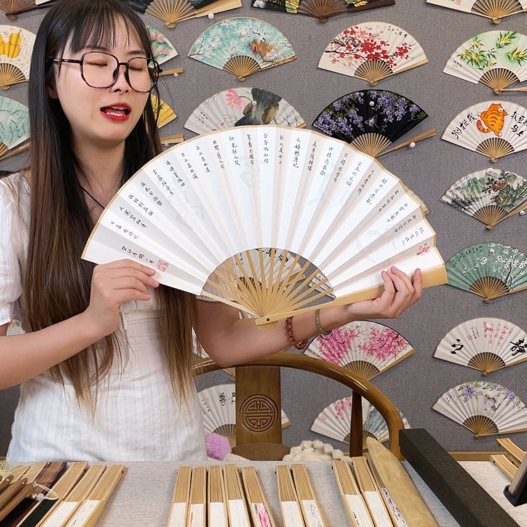 国画10寸玉竹-纯手绘-文玩扇骨（默认粘好）