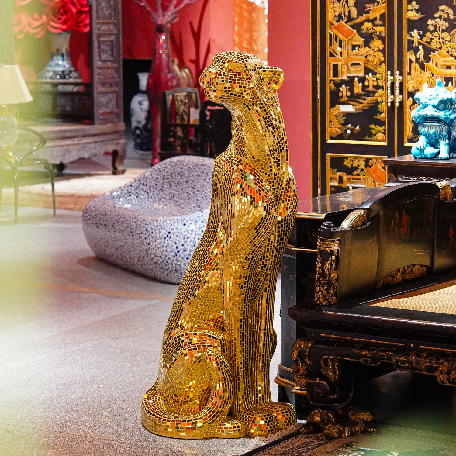 【本尼家】马赛克手工贴片大号金色豹子庭院装饰客厅落地摆件 