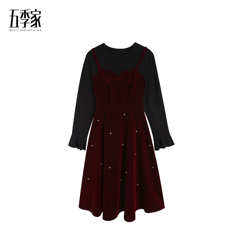 【五季家大码】秋冬复古红拼黑连衣裙ZL113926