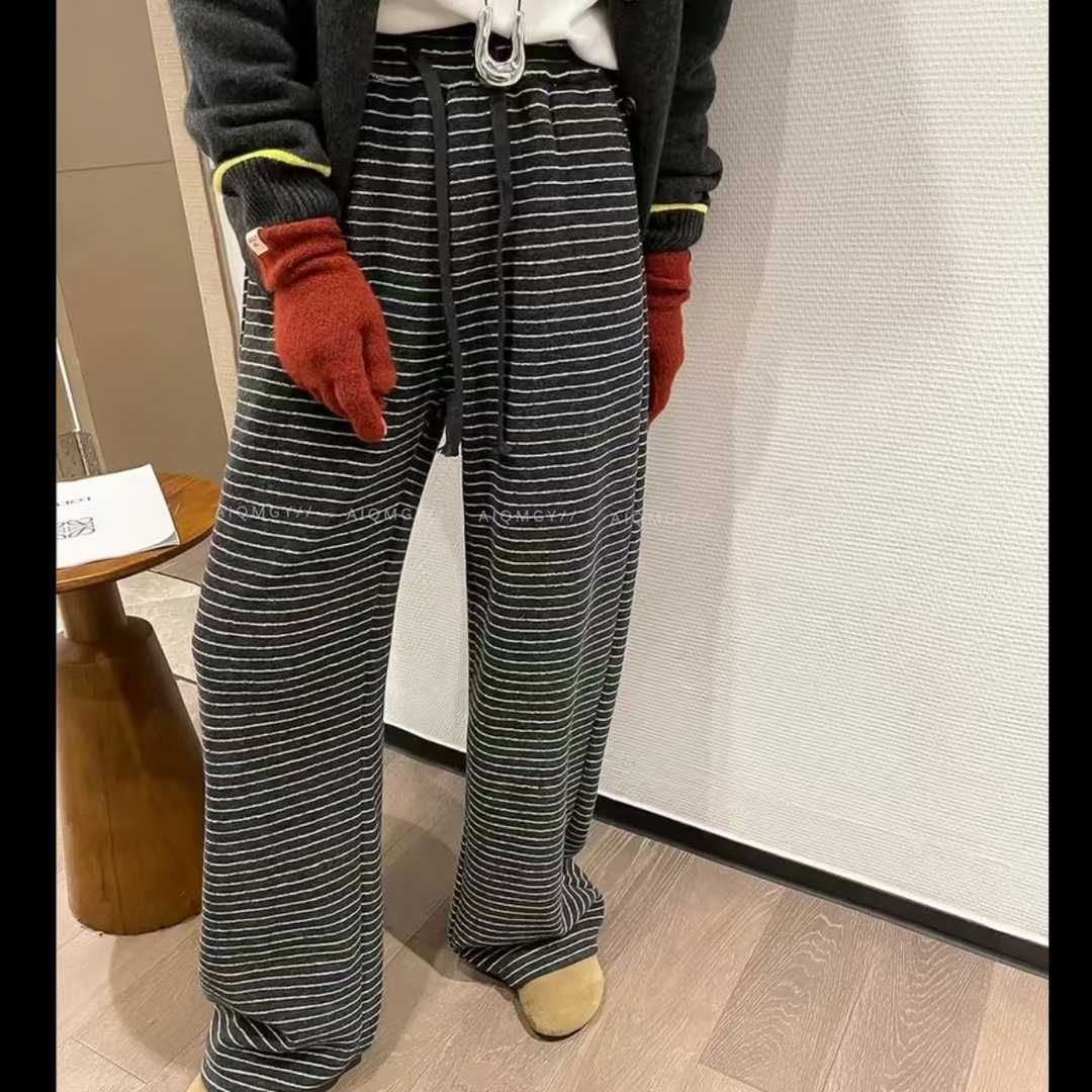 现货条纹裤女窄版垂感加绒冬季直筒拖地裤显瘦遮肉学院风阔腿裤子
