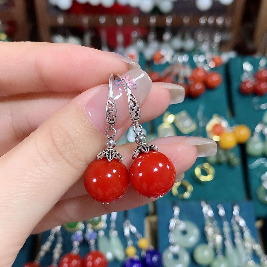 玛瑙/玉髓耳饰银S925镶嵌天然红玛瑙12mm左右（锦红）