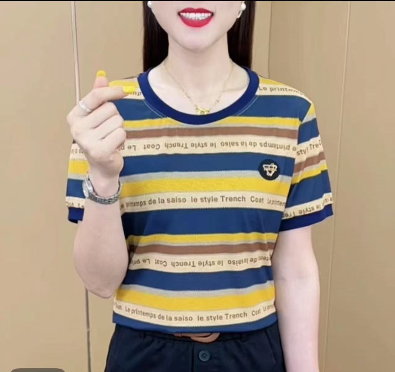 夏季新款时尚圆领条纹字母简约设计t恤休闲百搭减龄短袖上衣