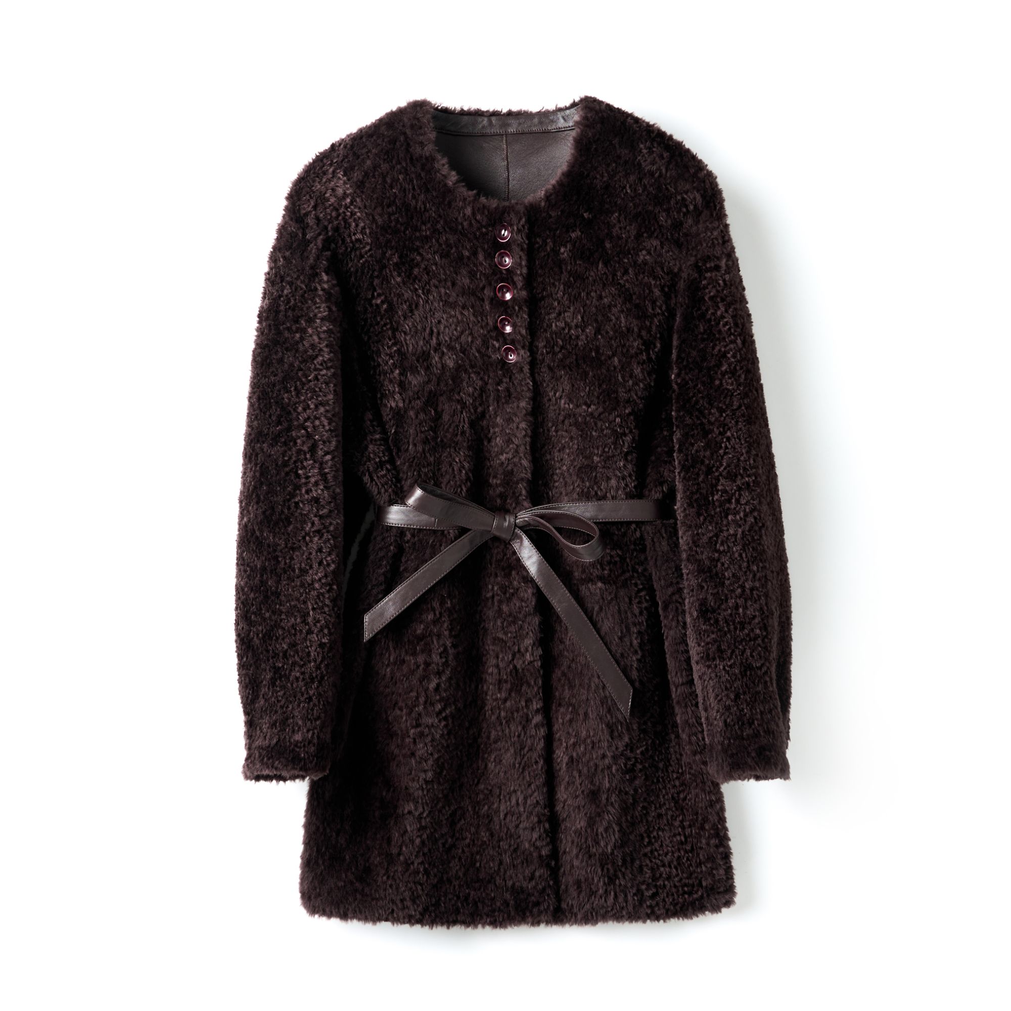 ZIKUO/紫阔2025冬女装圆领系腰原生态拉贡中长款皮毛一体皮草8803