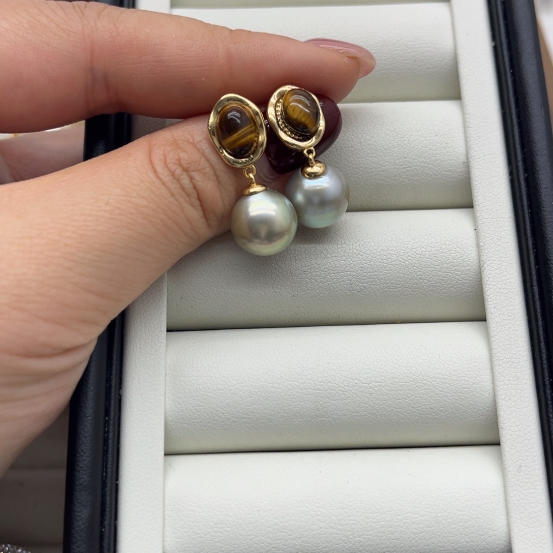 海水珍珠银S925镶嵌耳饰