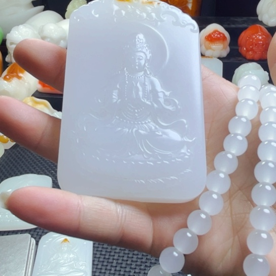 石材羊脂白带皮观音小黄车发货