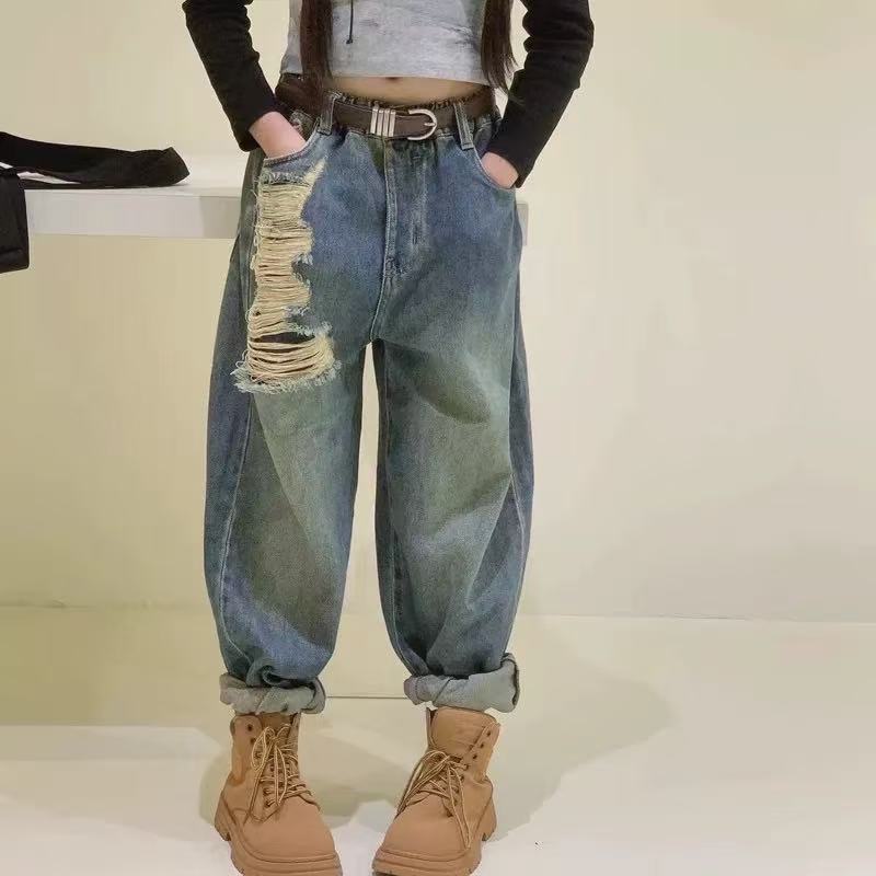 505338 韩版女童男童新款春秋款时尚儿童洋气百搭休闲破洞牛仔裤