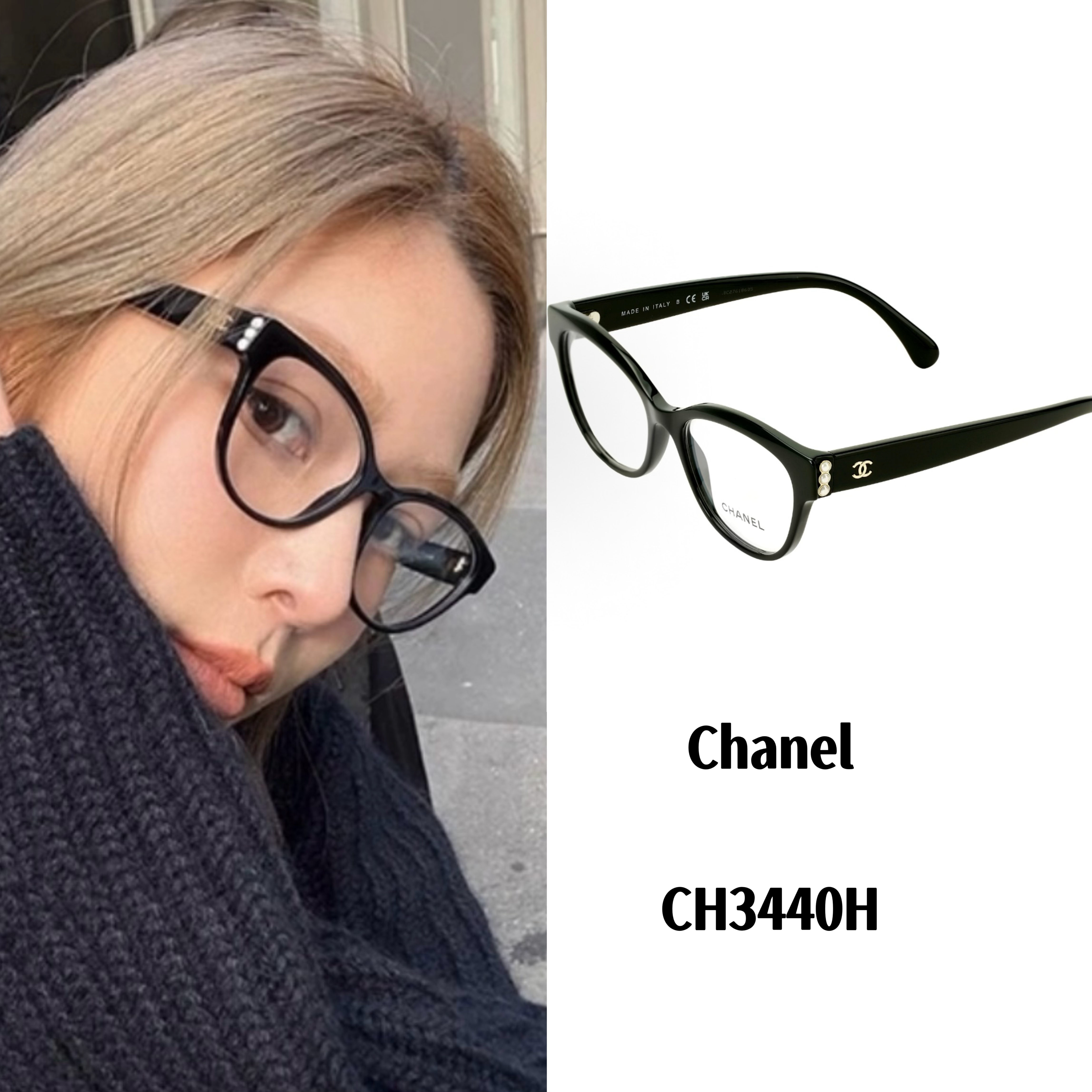 未使用 Chanel/香奈儿 侧面字母珍珠女士平光镜眼镜黑色3440