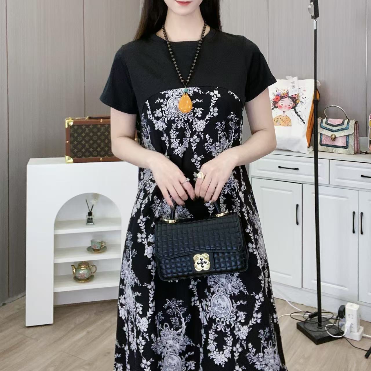 夏季过膝长裙遮肚显瘦印花短袖连衣裙#751