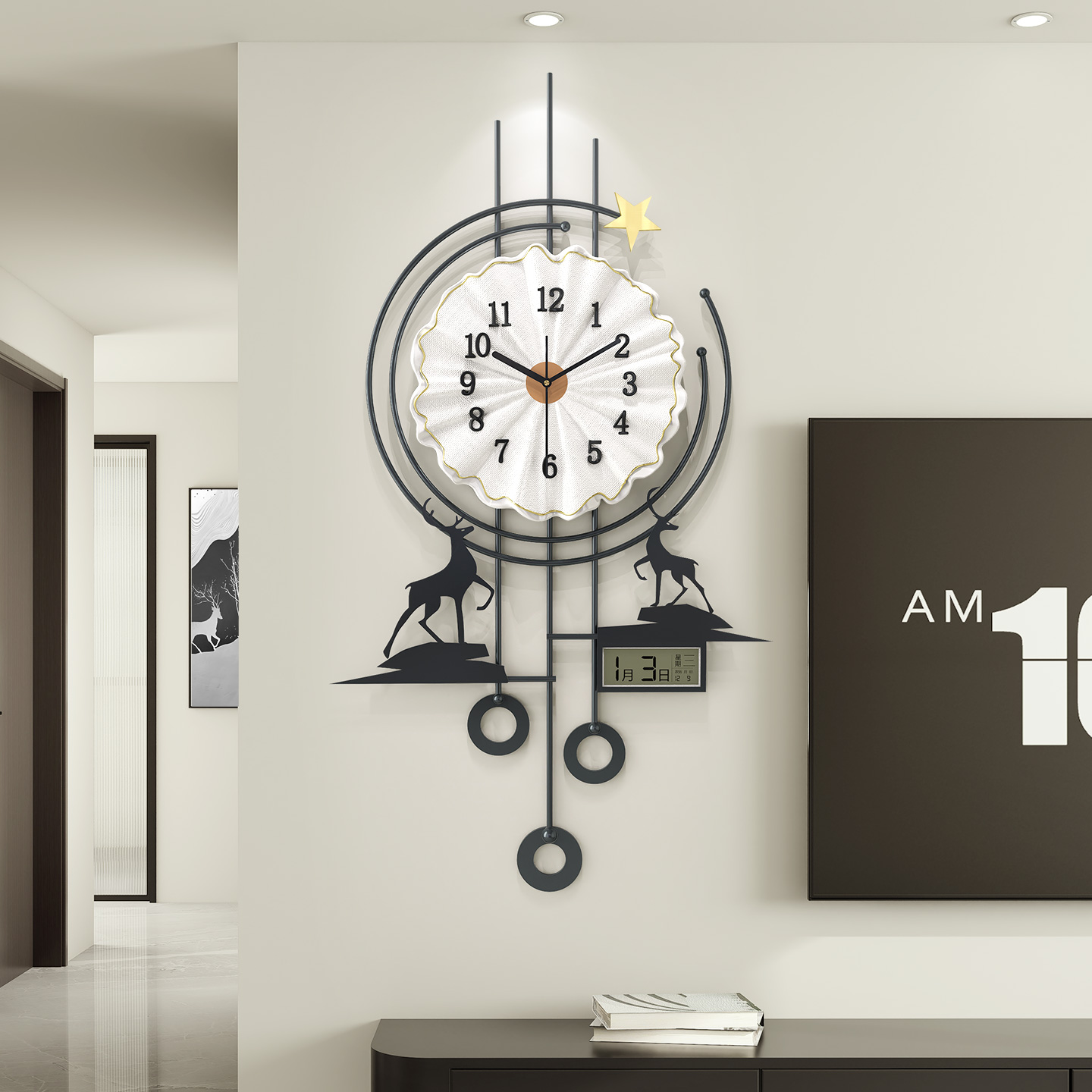 日历款+福鹿-恋妆创意装饰挂钟客厅餐厅家用静音钟表挂件2026新款