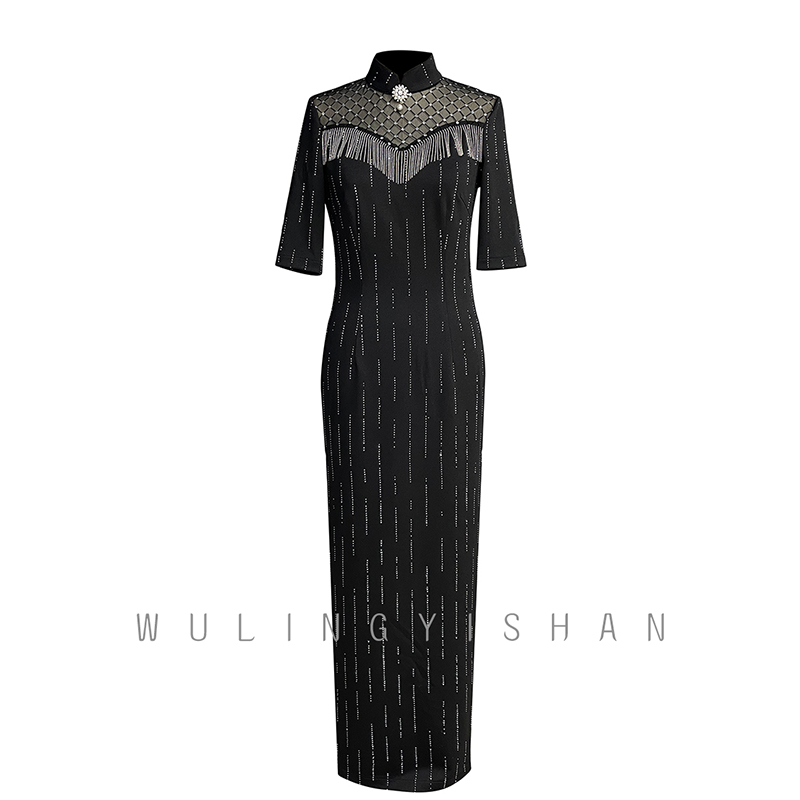 2025新款烫钻黑色表演连衣裙高开叉高端裙子L5378