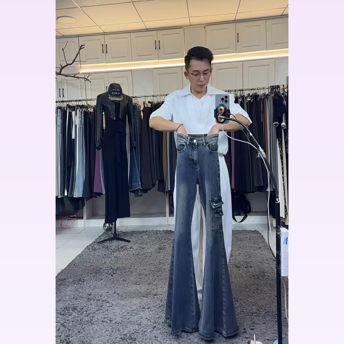 燕龙原创2115美式复古高腰裤腿口袋弹力显瘦抓绒厚款大喇叭牛仔裤