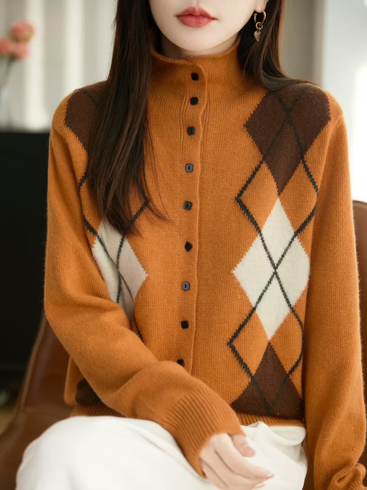秋冬女式高翻领针织衫女宽松短款秋冬开衫100分纯羊毛njr-2151