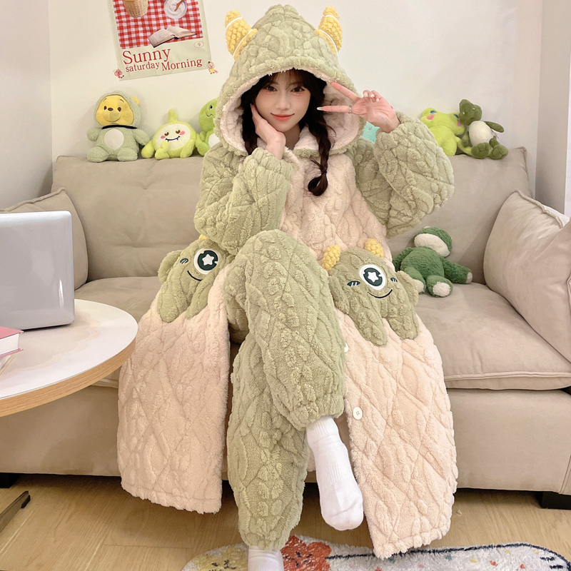 三层夹棉加厚睡袍冬季法兰绒卡通可爱女士珊瑚绒睡衣家居服 9001