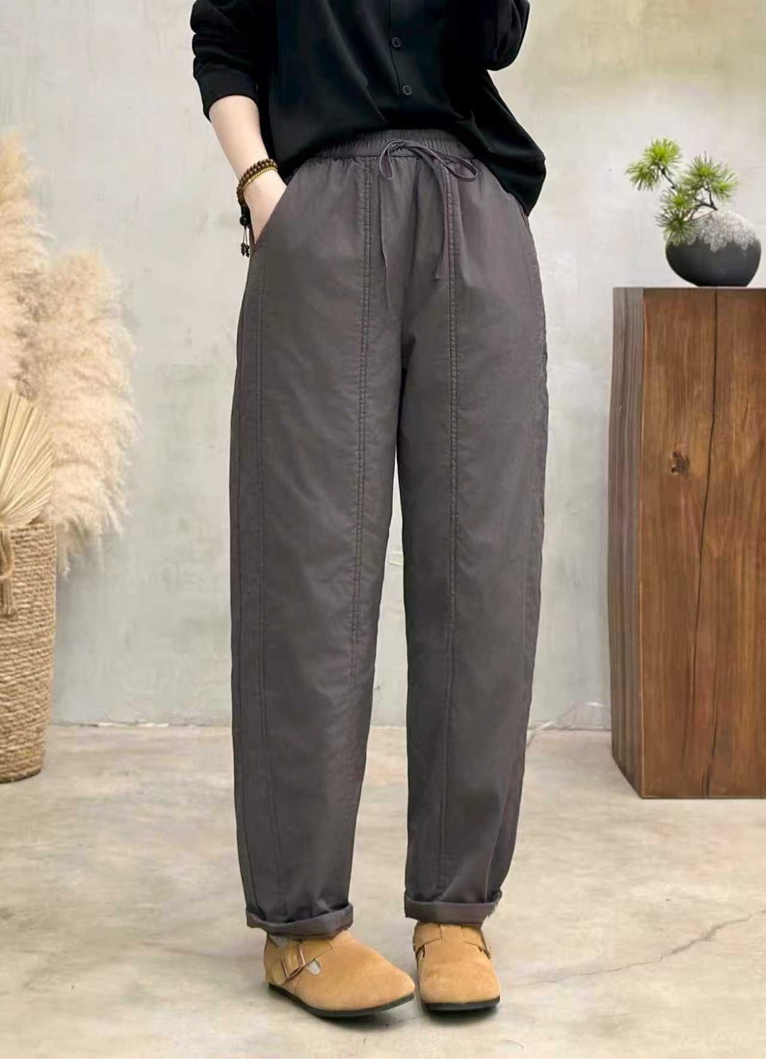 撞色拼接纯棉夹棉棉裤哈伦裤宽松高腰无弹长裤外穿松紧腰冬季女裤