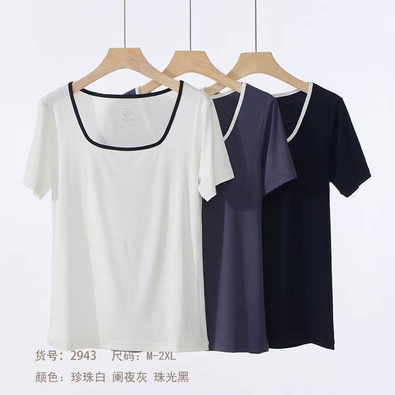 2943女款撞色方领短袖夏季舒适亲肤短袖上衣