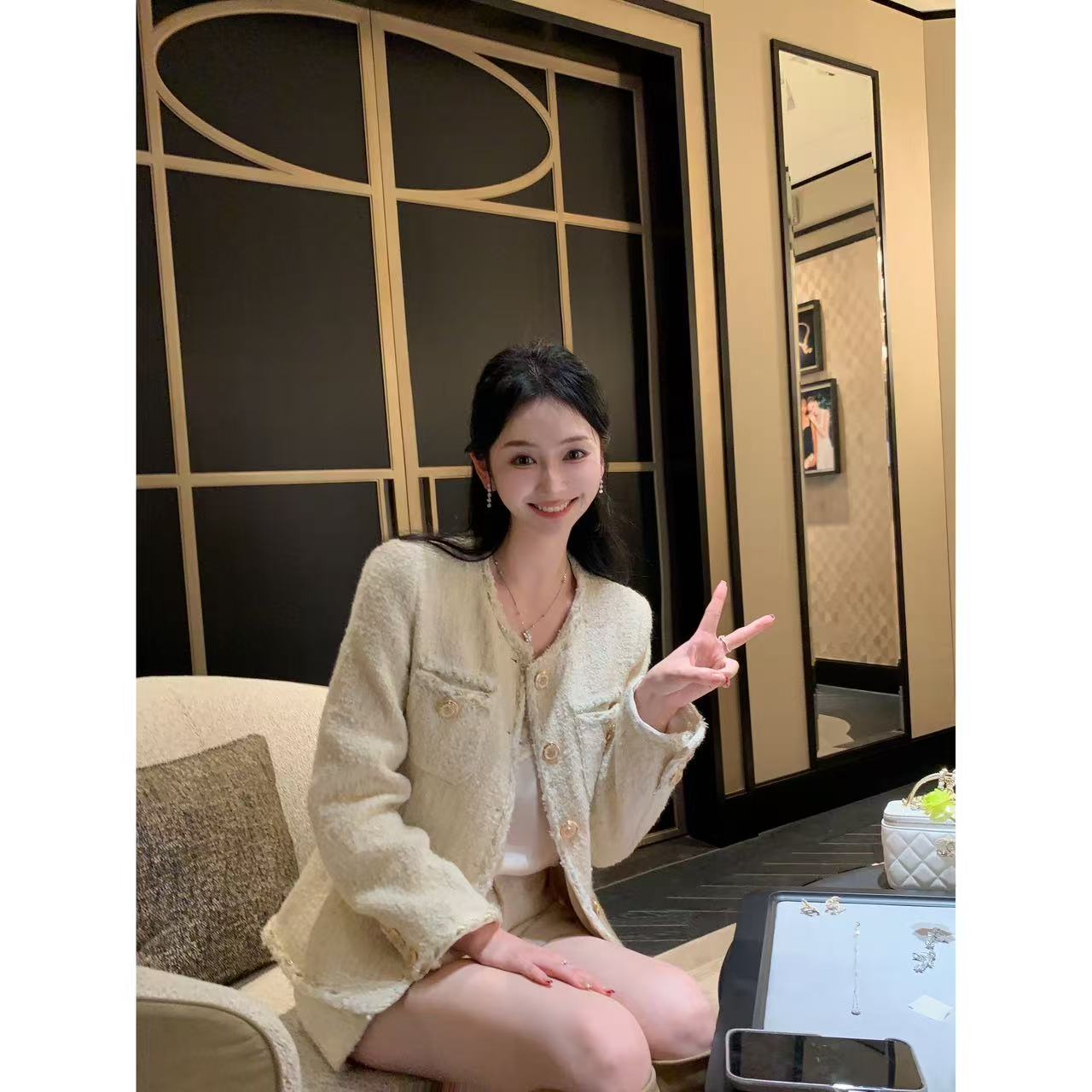 JING【留洋千金】羊毛小香风小众设计感编织镶边单排扣小香外套