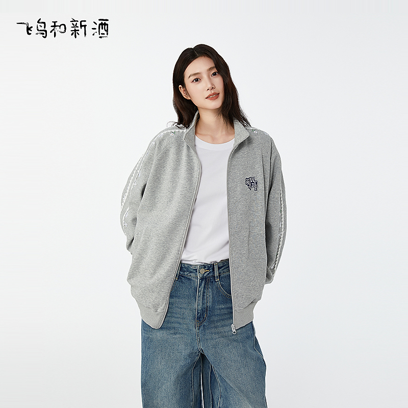 【小元】飞鸟和新酒刺绣插肩袖灰宽松休闲立领美式外套FA55071034