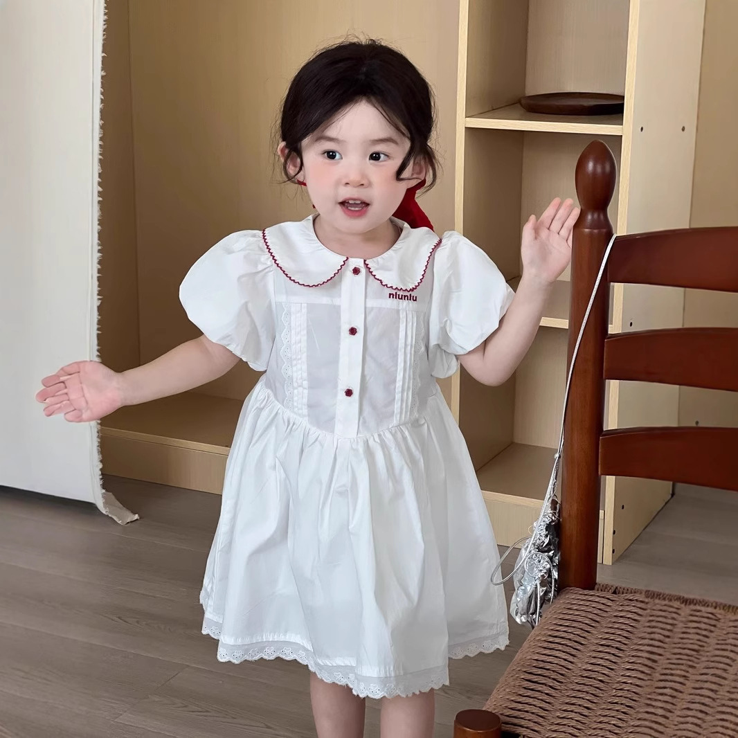 【现货】韩版童装女童连衣裙夏季新款女孩花边娃娃领泡泡袖白色公主