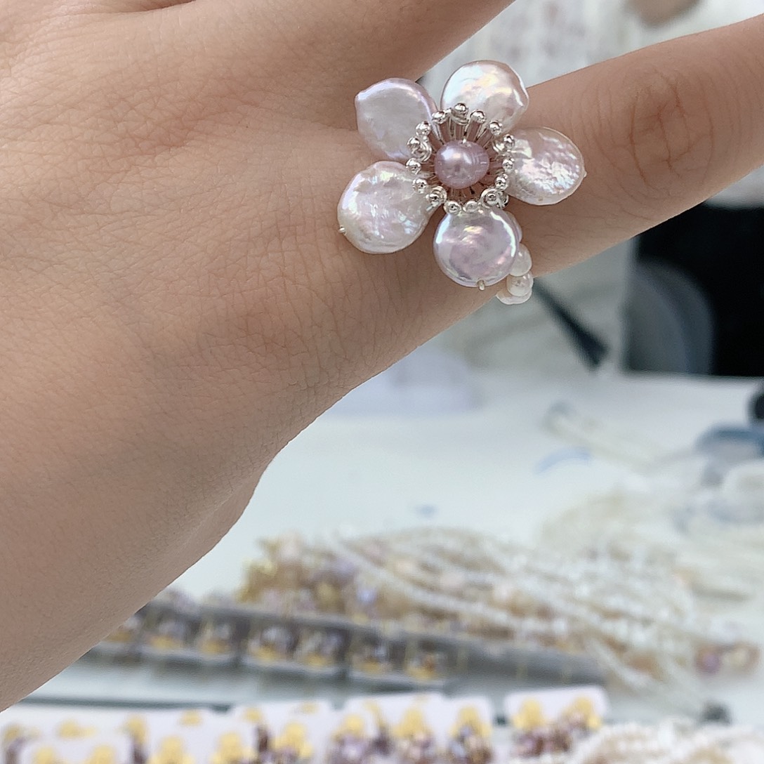 银S925镶嵌耳饰淡水珍珠纽扣戒指