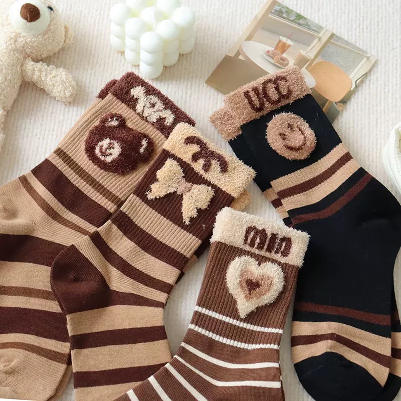 002袜子女童秋冬季中筒加厚咖色羽毛纱可爱儿童中大童中筒棉袜
