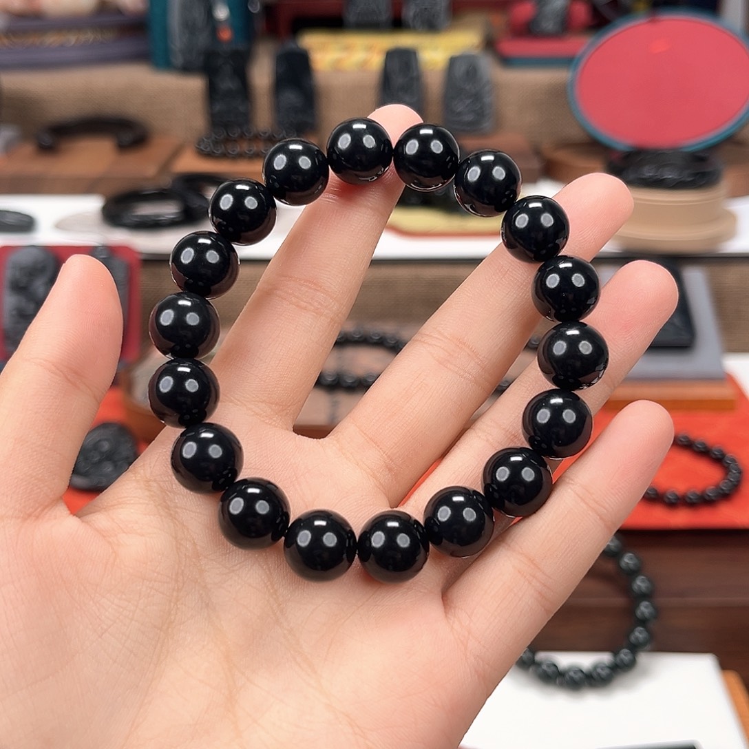 和田玉未镶嵌手串卡12圆珠手串，羊脂级98墨