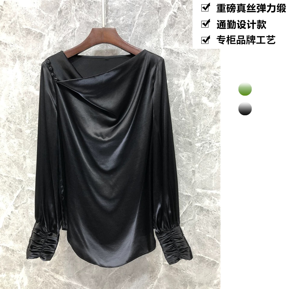 重磅桑蚕丝弹力双乔法式不对称褶皱优雅荡领真丝衬衫上衣CY225