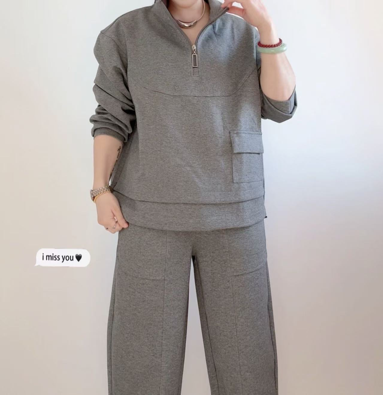 【润路精选】春季爆款纯色休闲时尚半拉链显瘦套装