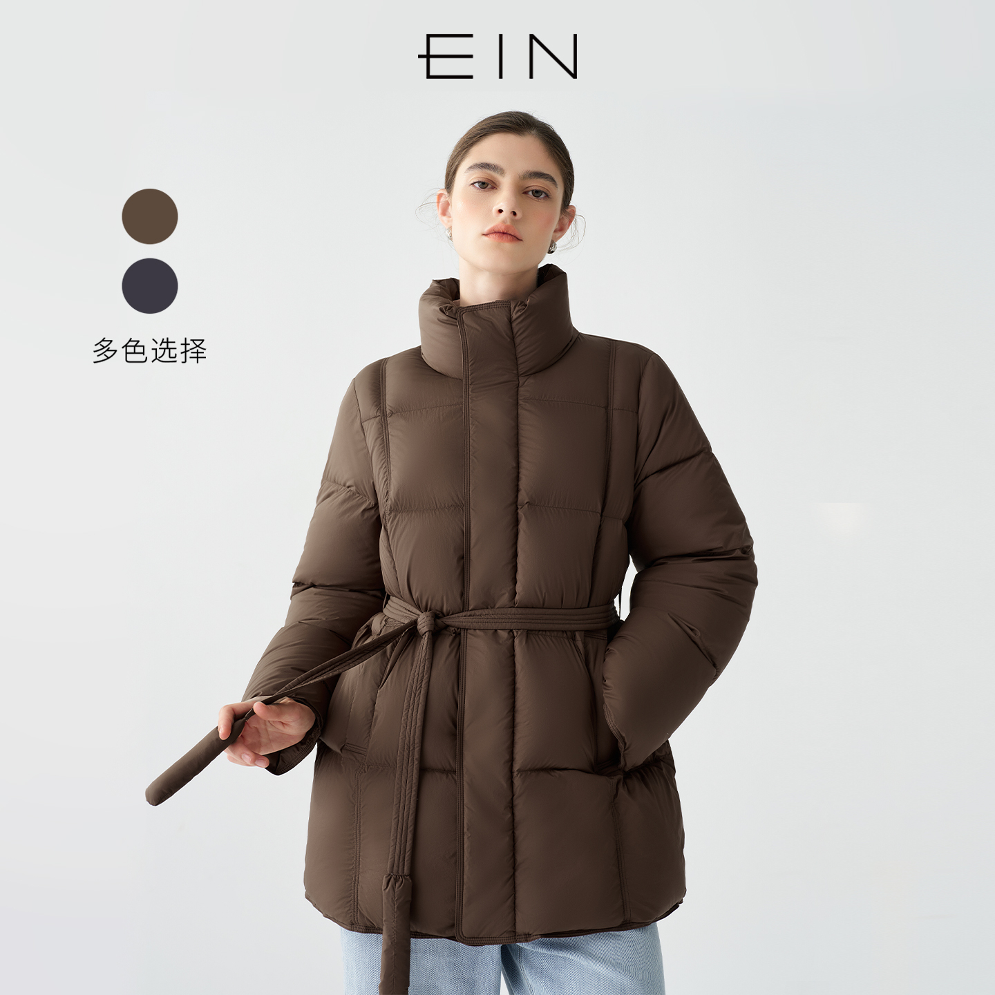 EIN/言轻量感90鸭绒双门襟复古文艺中长羽绒服女2025秋冬新款