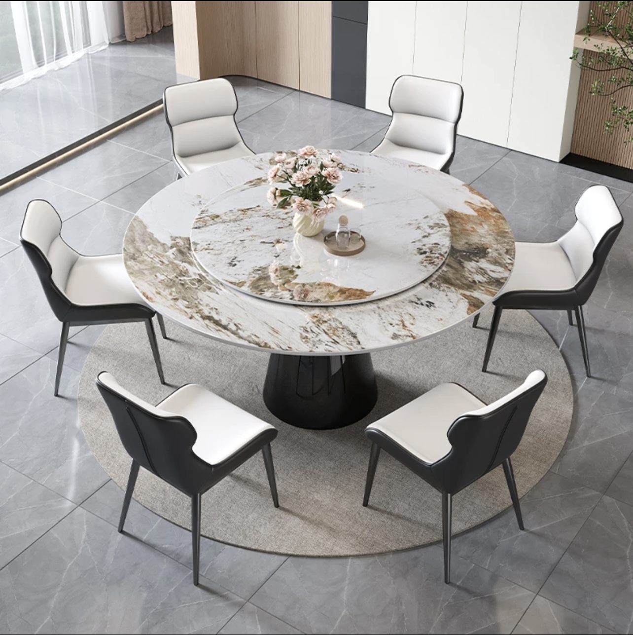 轻奢亮光岩板餐桌餐厅客厅饭桌子极简圆形吃饭桌家用北欧简约意式