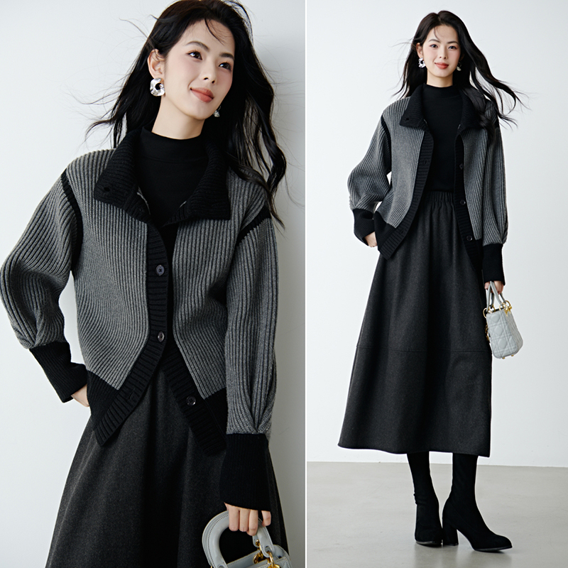 【新品】2025冬撞色翻领毛衣针织外套女25071612