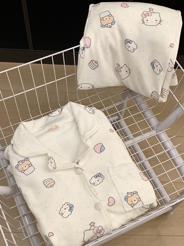 【新品限定】少女可爱kitty秋冬季海岛绒加绒保暖家居服套装可外穿