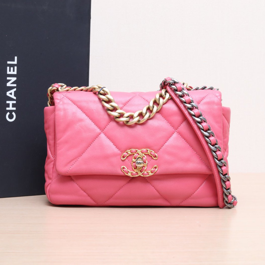 95新 Chanel/香奈儿 小花双双 19BAG口盖包 小号 粉色 皮革S 29开