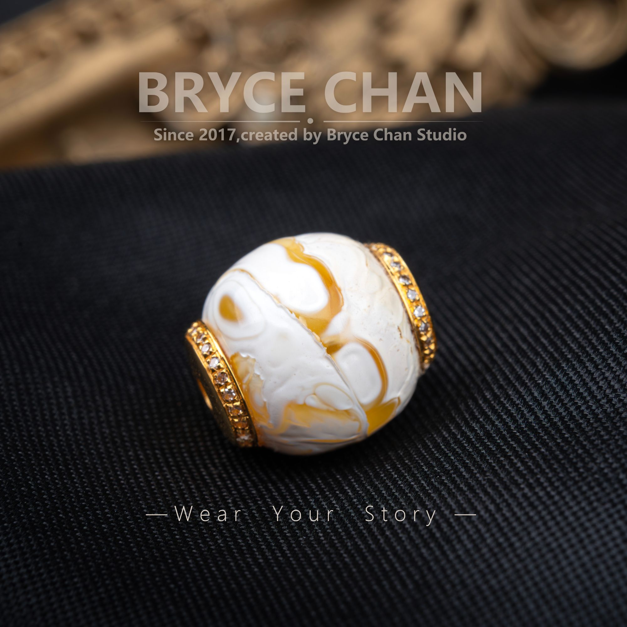 【耀今·长云】（对孔12*11mm）橘金溶洞漆白天眼高端蜜蜡18K金钻单珠