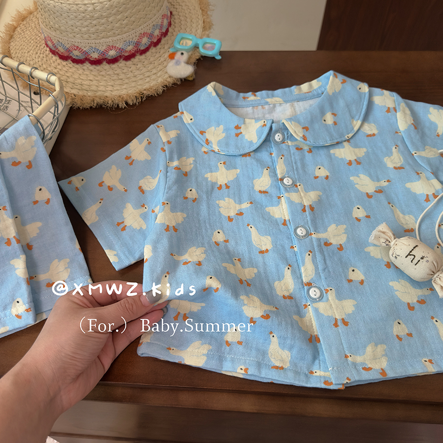 W宝宝夏季睡衣25新款精梳棉纱短袖套装全棉亲子装纯棉睡衣两件套