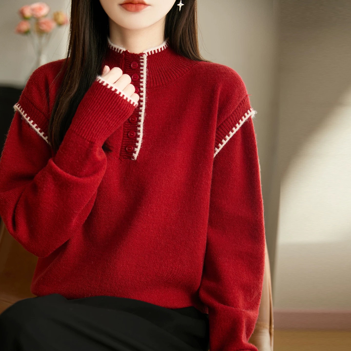 80102#秋冬新款加厚拼色立领针织衫毛衣时尚洋气显瘦半纽扣