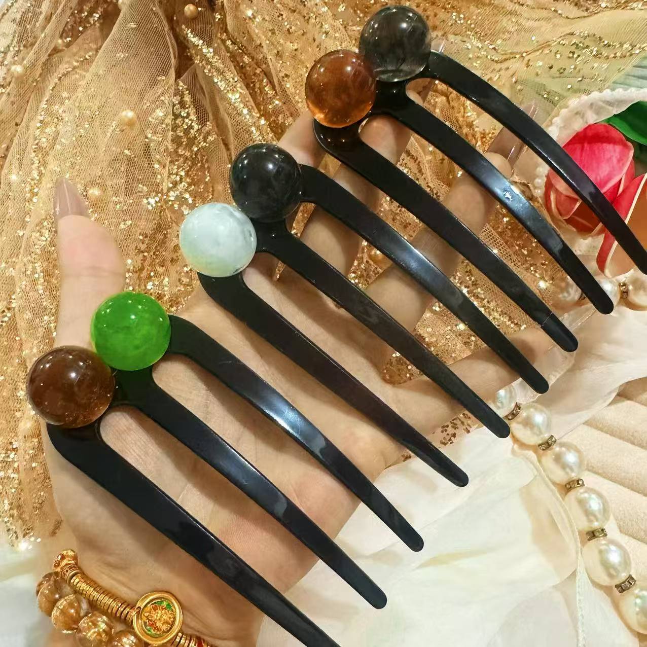 圳墨高端发饰简约珠珠三齿发簪女百搭气质簪子后神器头饰时尚发钗