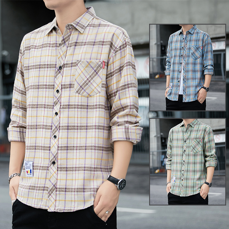 格子长袖衬衫男士春秋衬衣休闲夏季宽松潮流韩版
