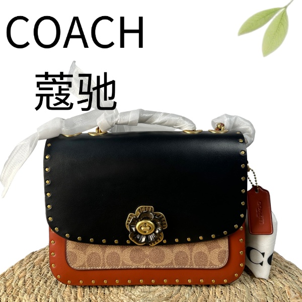 99新 COACH/蔻驰 黑盖拼红老花山茶花单肩包G25127629底长24X19