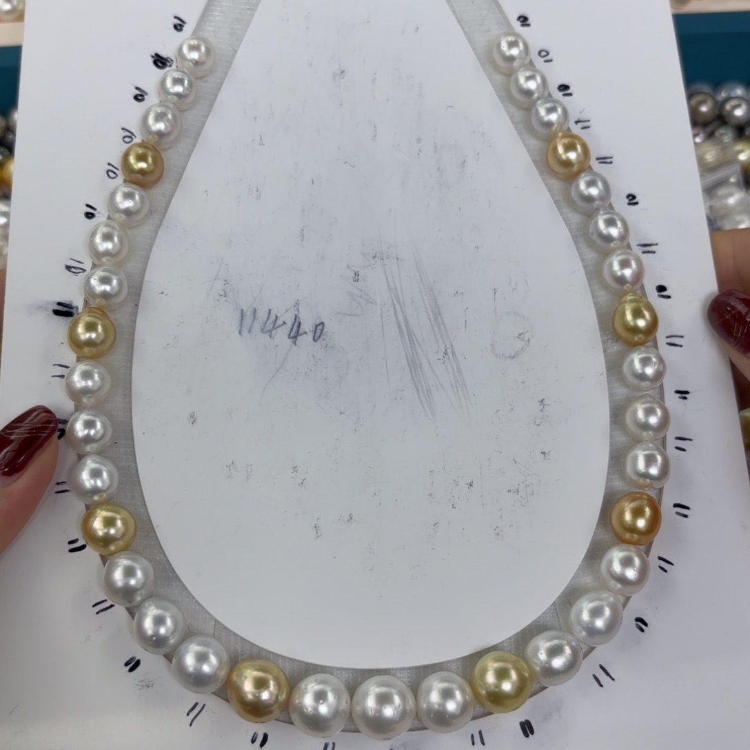 定制海水珍珠项链未镶嵌9-11mm白混金满串