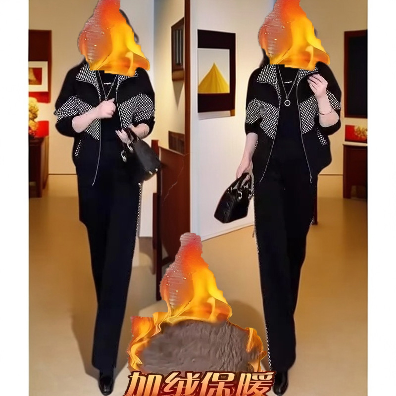 高档洋气加绒加厚休闲套装女秋冬季新款减龄拼接格子外套